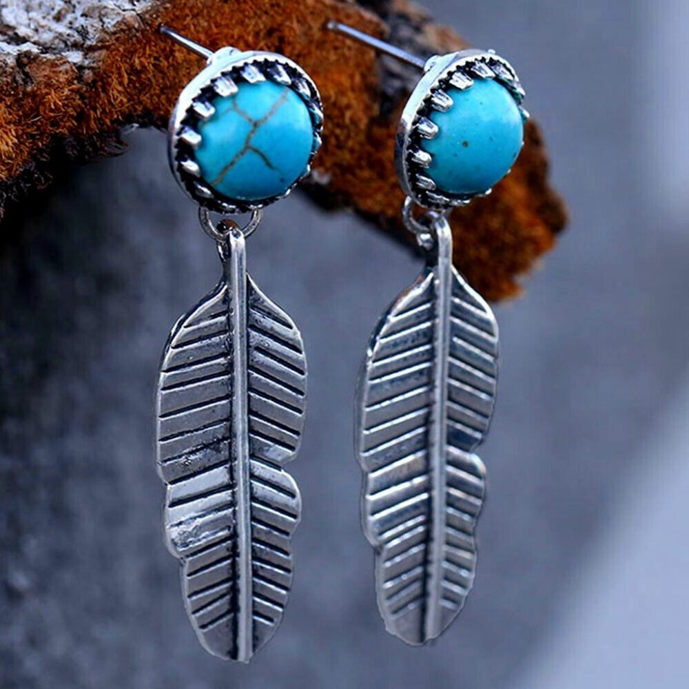 Blue Turquoise Leaf Feather Vintage Bohemian Tibetan Silver Dangle Drop Earring